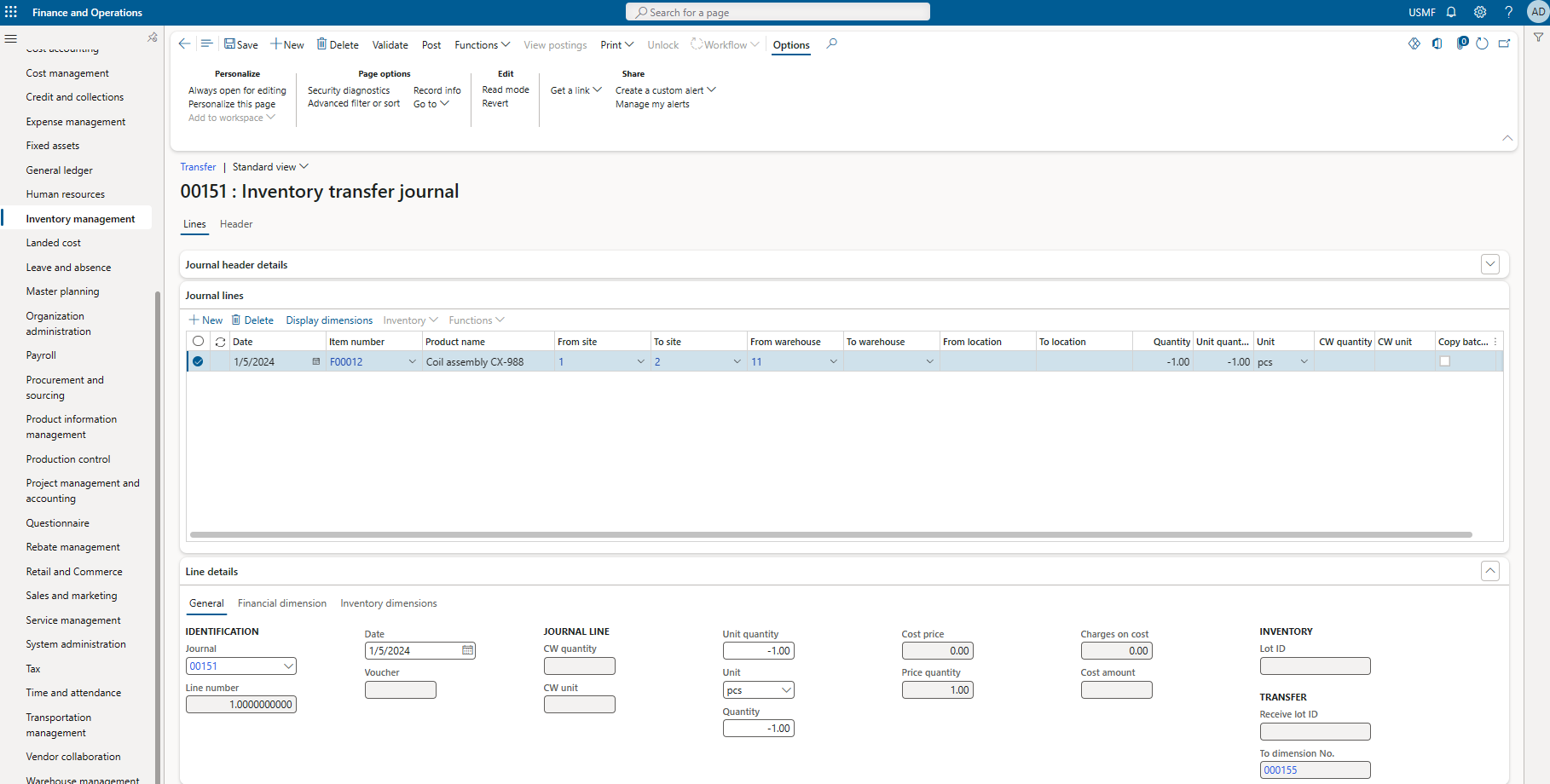 Microsoft D365FO Site Relocation Inventory Transfer Journal